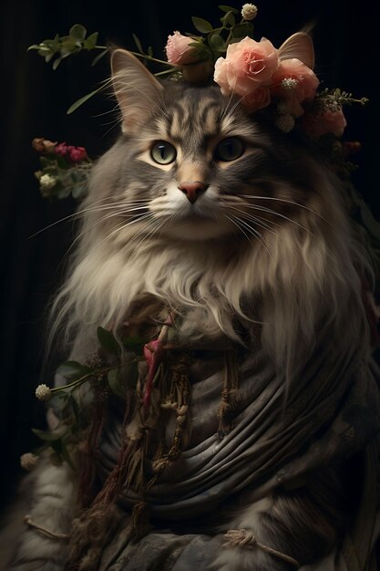 Pet portrait of a majestic norwegian forest cat wearing a wise expression an party birthday costume