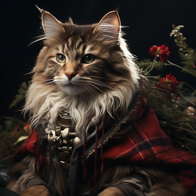 Pet portrait of a majestic norwegian forest cat wearing a wise expression an party birthday costume