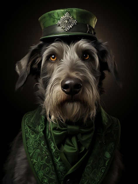 Домашний портрет гордого ирландского волчьего пса, сидящего величественно в костюме благородной вечеринки на день рождения
