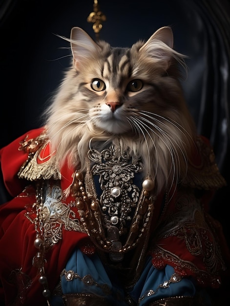 Домашний портрет королевской кошки мейн-куна с достойным выражением лица и костюмом для дня рождения