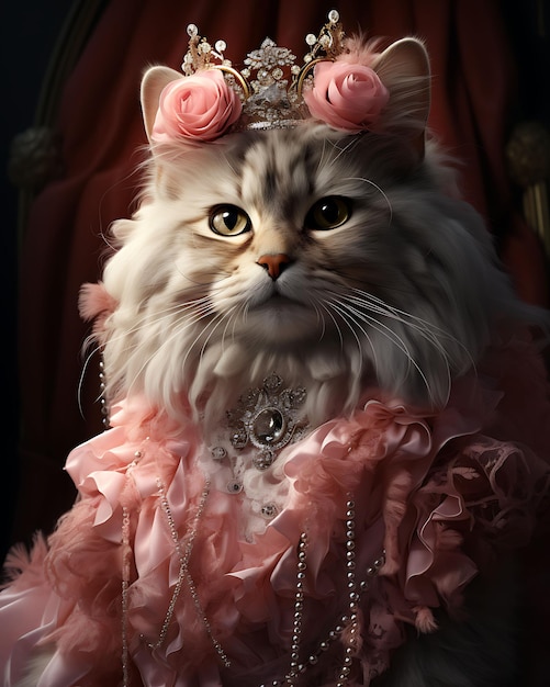 고급스러운 메인 <unk> 고양이의 애완동물 초상화 왕성한 미소와 M 파티 생일 의상을 입고