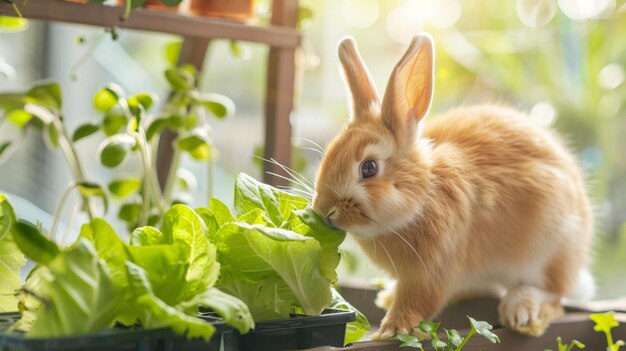 Photo pet rabbit eating lettuce with hydroponic growing system in background bokeh