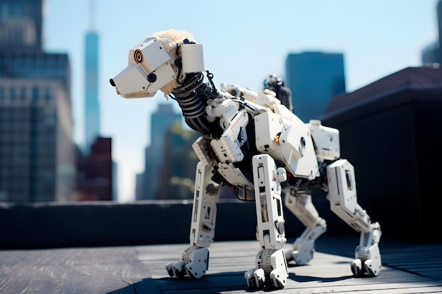 도시 배경에 있는 애완용 로봇 흰색 개 사이보그