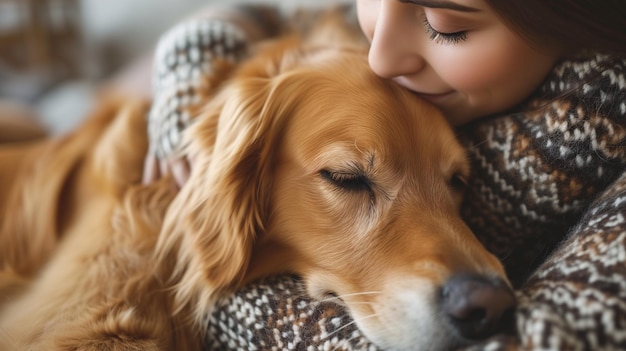애완동물 치료 여성이 사랑스러운 골든 리트리버를 안고 있습니다.