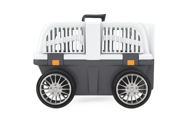 Pet Travel Plastic Cage Carrier Box on Car Wheels on a white background. 3d Rendering