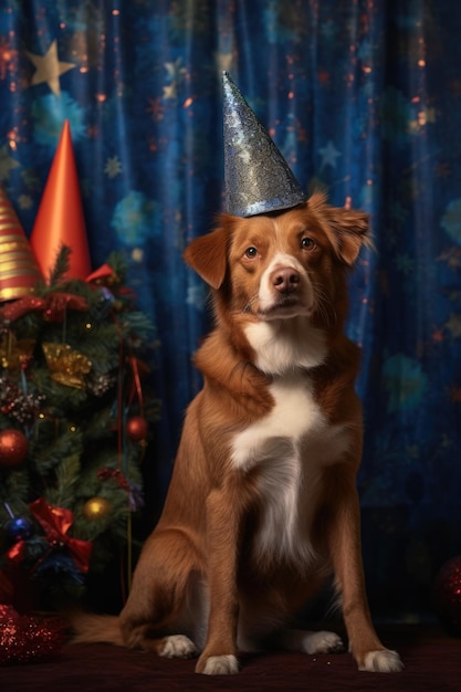 生成 AI で作成されたお祭りの背景の横で新年パーティーの帽子をかぶったペット