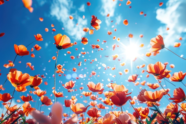 꽃잎 꽃잎 콘페티가 봄이나 가을에 밝은 파란 하늘에서 떨어지는 전문 사진