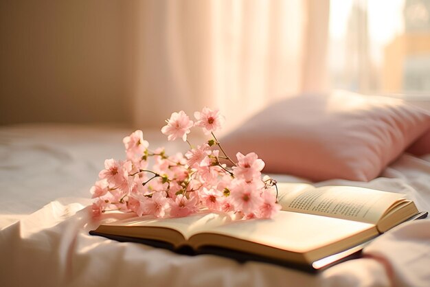 Petals and opened book by the window Slow living concept Ai generated