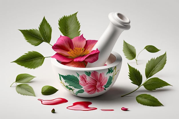 Petals of a rose flower in a porcelain mortar and pestle with the petals dispersed