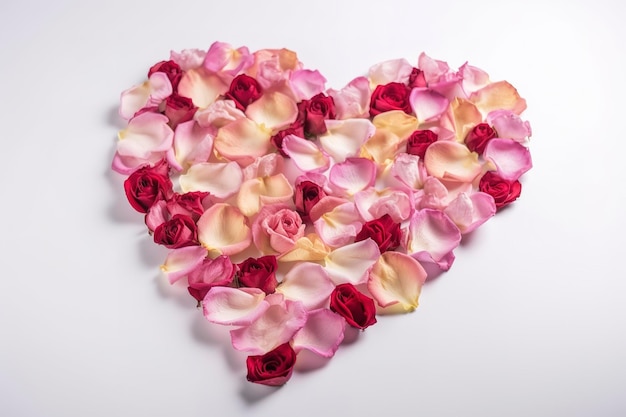 Photo petals of roses in the shape of heart isolated on white background generate ai