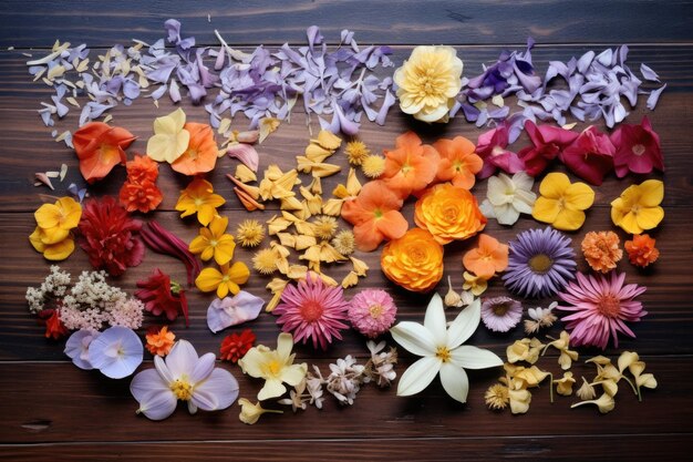 Photo petals of various flower types scattered on a wooden table