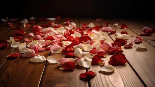 Petals on a wooden table with a dark background