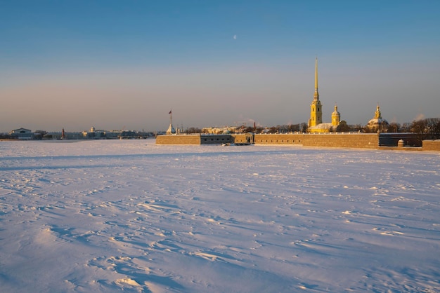Peter and Paul Fortress and Vasilievsky Island on a sunny winter morning St Petersburg Russia
