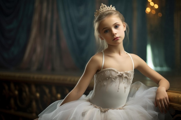 Petite ballerina girl on a stage demonstrating her talent A young performer displaying her ballet art on the proscenium Generate Ai