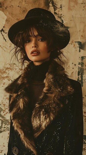 Photo petite female model with luxury fur coat and hat with fierce high fashion forward boutique style