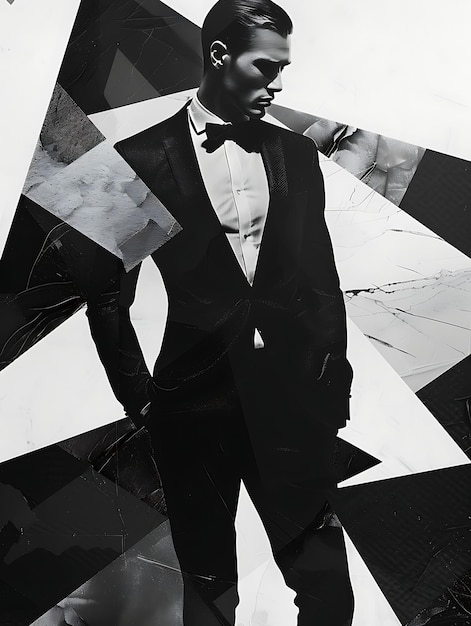Foto piccolo modello maschile con uno smoking su misura di fascia alta con uno stile boutique sofisticato di alta moda