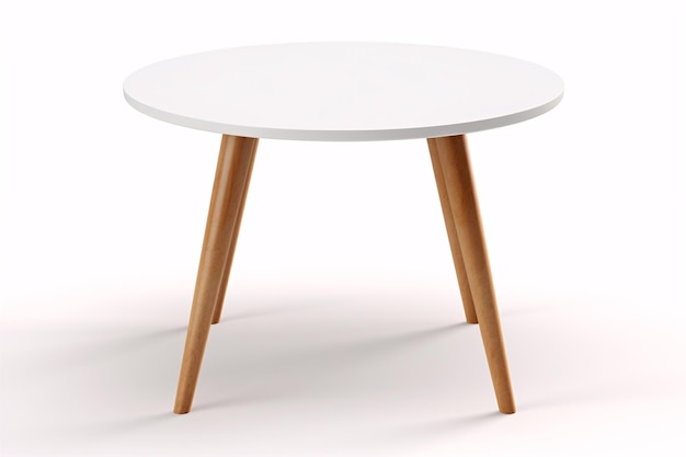A petite white threelegged circular table is situated on a pristine white background
