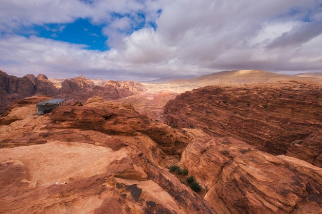 Petra Jordan, view from the top from the desert mountains and the tea house to the famous street of the facades