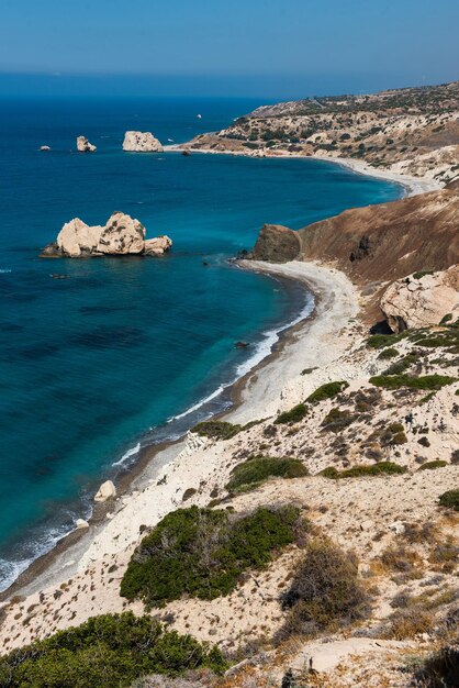 Petra tou Roumiou Aphrodites rock Rocky coastline on the Mediterranean sea in Cyprus