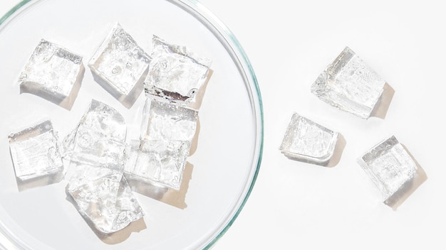 Petri dish and cubes of frozen transparent gel On a light background Research material liquid state