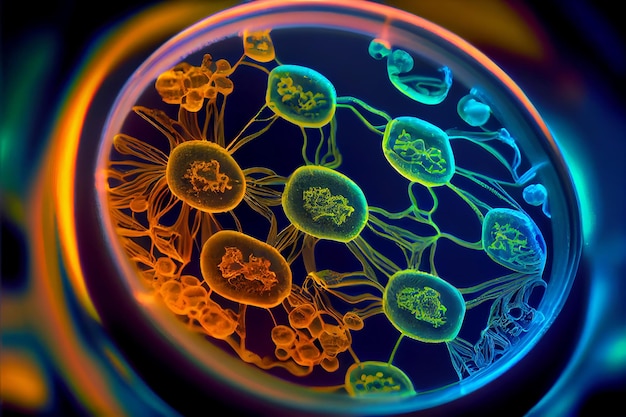 Petri dish with abstract bacteria and viruses macro view Generative AI illustration