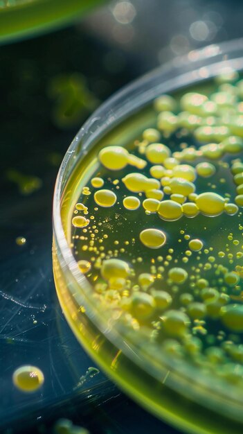 Photo petri dish with a growing green bacterial culture microbiology and biotechnology ai generated