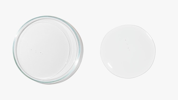 明るい背景に透明な色のゲルが付いたペトリ皿 Glassware Liquid Study