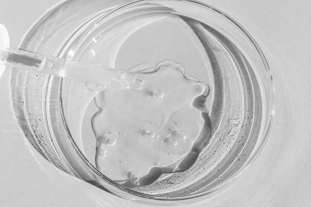 petri dish with transparent gel the pipette lies cosmetic dispenser on a white background