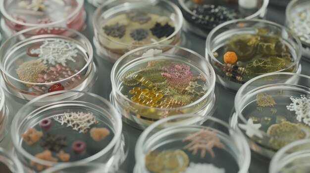 Photo petri dishes with colorful colonies of bacteria in a laboratory setting