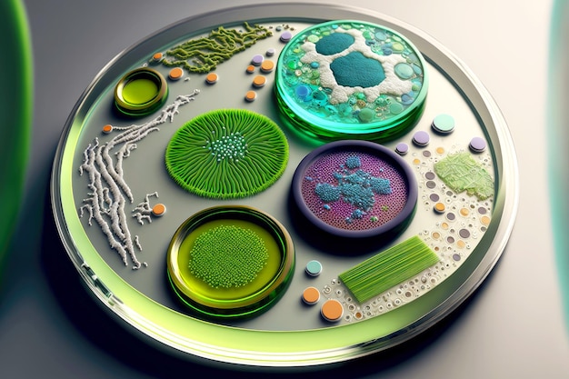 Photo petri dishes with dangerous colonies of yeast of different colors and shapes