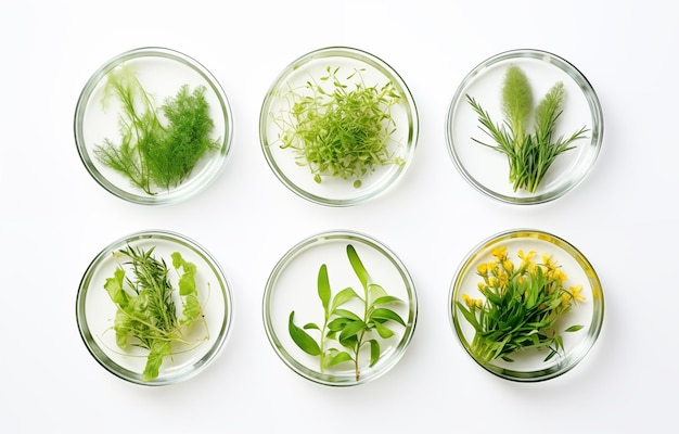 Чашки Петри с различными растениями и косметическими продуктами на белом фоне сверху