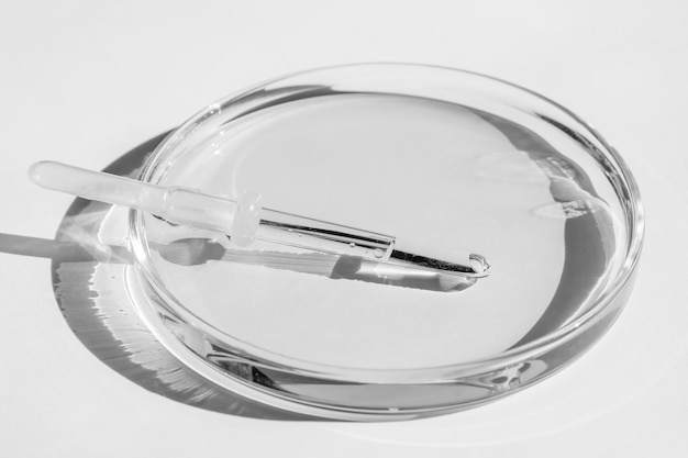 Petri dishes With transparent liquid With solution Medical pipette On a white background