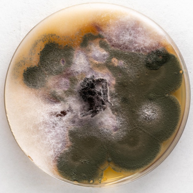 Petriplaat met luchtverontreinigende stoffen afkomstig van schimmels en bacteriën