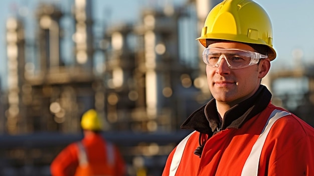 Petrochemical contractor posing in front of an oil refinery using Generative AI