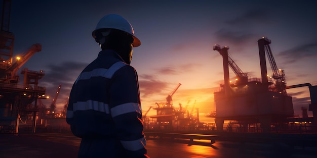 Petrochemical engineer wearing safety uniform and helmet at oil refinery factory with night time background