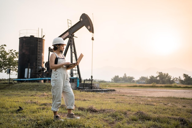 Photo petrochemical engineering asian woman with safety helmet standing in oil refinery structure petrochemical industry