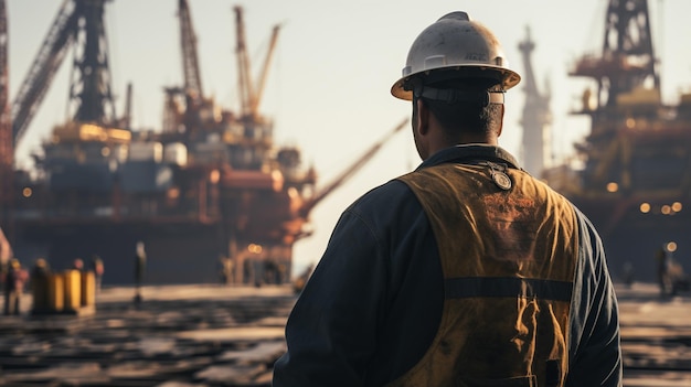 Petrochemical engineering man with white safety helmet standing in oil refinery building structure petrochemical industry