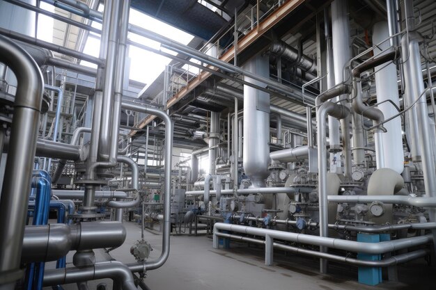 Petrochemical factory with equipment and machinery visible producing range of chemicals