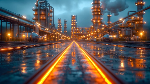 Photo petrochemical plant at night refinery petrochemical industry