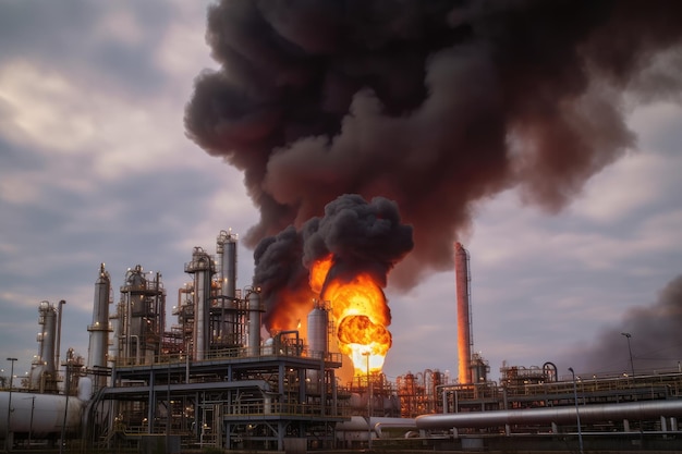 Petrochemical plant with smoke and flames coming from the tall stacks