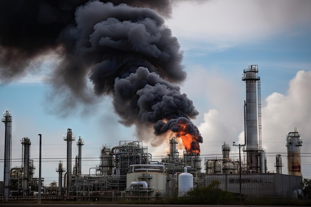 Petrochemical plant with smoke and flames coming from the tall stacks