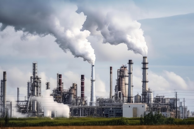 Petrochemical plant with smoke and steam rising from its chimneys