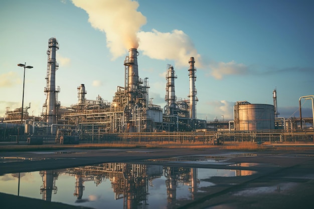 petrochemical refinery where advanced engineering processes oil and gas to produce energy resources such as gasoline even as environmental concerns about pollution loom large