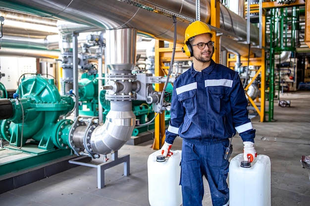 Petrochemical worker carrying plastic canisters and chemicals inside refinery plant