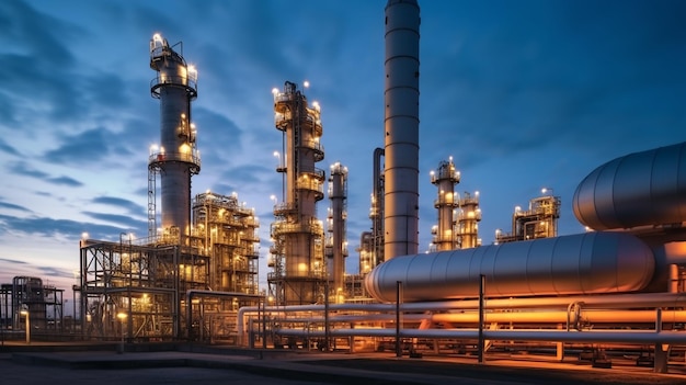 petrochemische en elektriciteitscentrale olieraffinaderij met avondhemel scène energie bedrijfsconcept