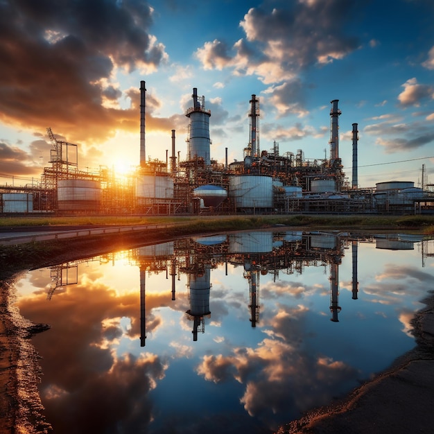 Petrochemische raffinaderij complex achtergrond in de ochtend gouden uren