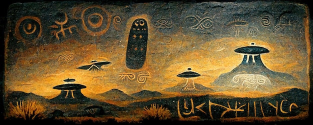 Petroglyphic painting with alien ufo