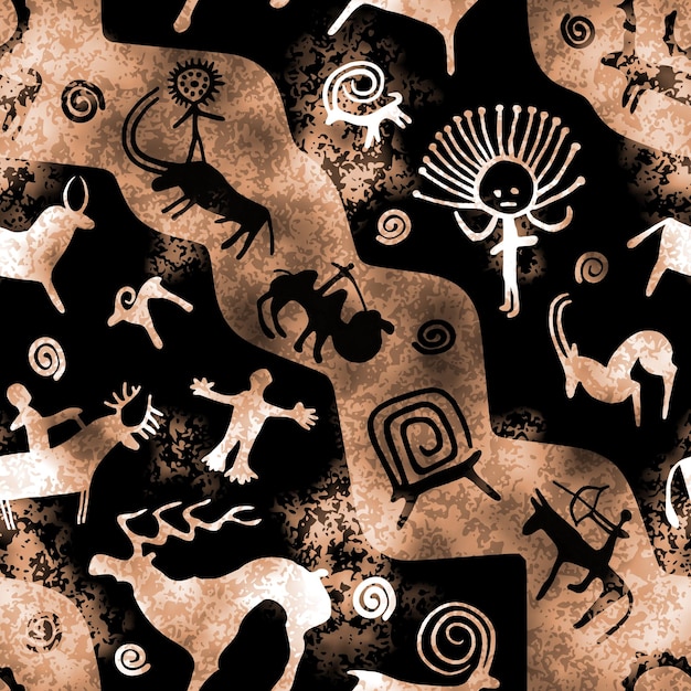 Petroglyphs cave drawings seamless pattern