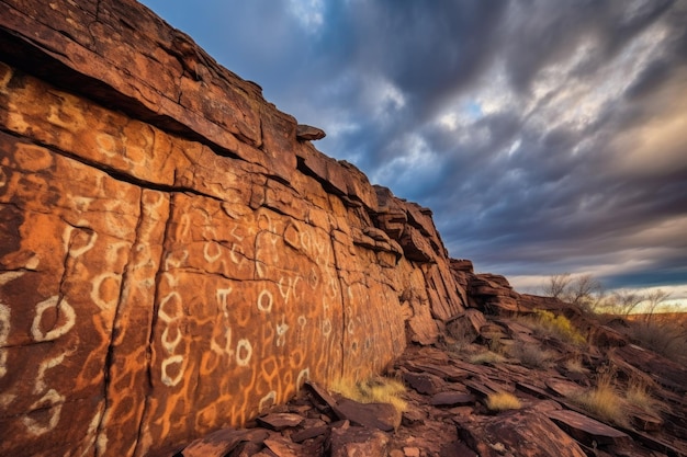 Petroglyphs on a cliff face with dramatic sky background created with generative ai