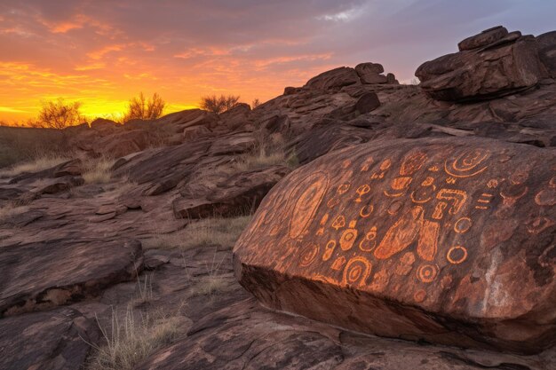 Petroglyphs on a rock formation at sunset created with generative ai